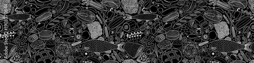 Seamless pattern with organic food. Hand drawn white sketch of vegetables, pasta and fish. Vector seamless pattern on chalkboard