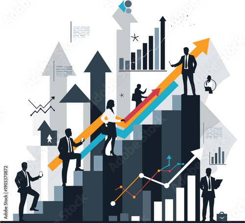Business growth teamwork illustration with professionals climbing bar graphs and arrows, symbolizing success, career advancement, collaboration, strategic planning, corporate progress