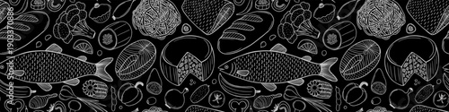 Seamless pattern with vegetables, pasta and fish on chalkboard