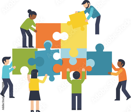 Teamwork illustration with diverse people assembling colorful puzzle pieces, symbolizing collaboration, unity, cooperation, problem solving, collective effortr