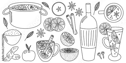 Hand drawn set of mulled wine ingredients. Orange, apple, tangerine, cinnamon sticks, anise star, wine bottle hand drawn sketch