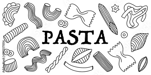 Pasta sketch set. Farfalle, penne, rigatoni, spaghetti, fusilli, cornetti, fettuccine vector set