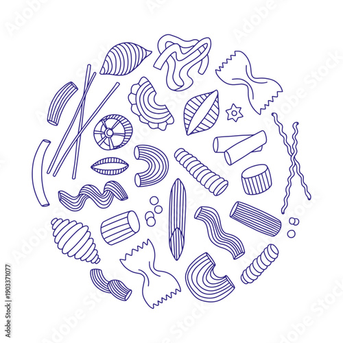 Pasta vector sketch set. Farfalle, penne, rigatoni, spaghetti, fusilli, cornetti, fettuccine hand drawn set