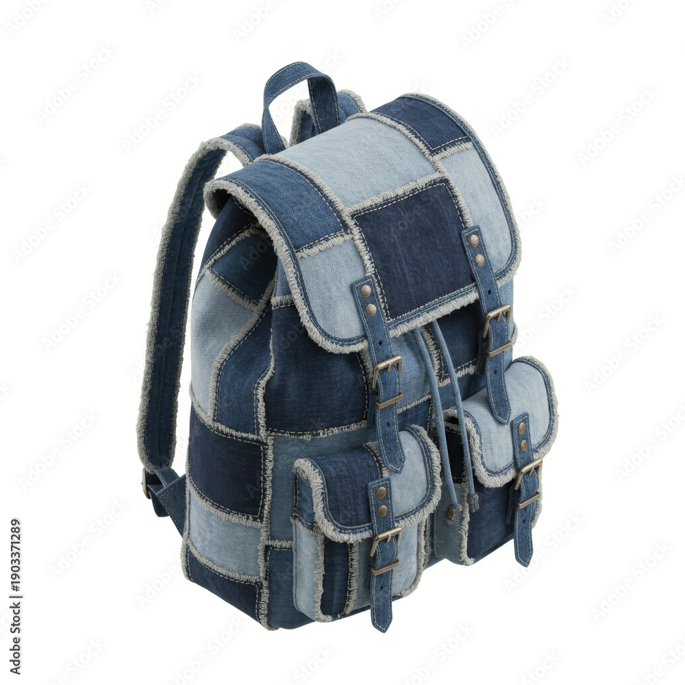 Naklejka premium Patchwork Denim Rucksack Isolated on Green