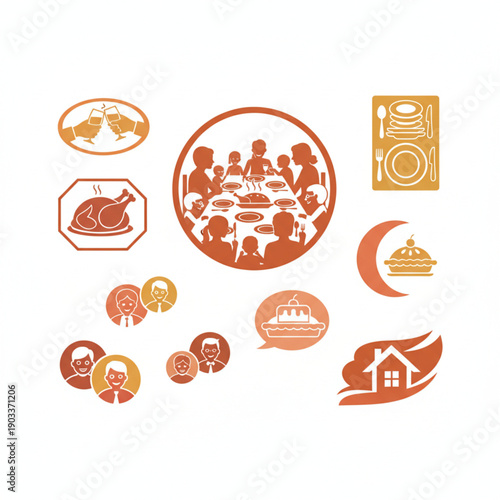 Collection of diverse family and food-related icons, including dining, celebrations, and home symbols