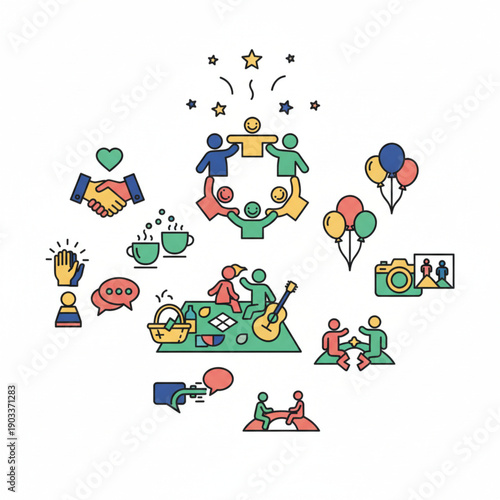 A colorful illustration of people enjoying various leisure activities, conveying a sense of community and fun