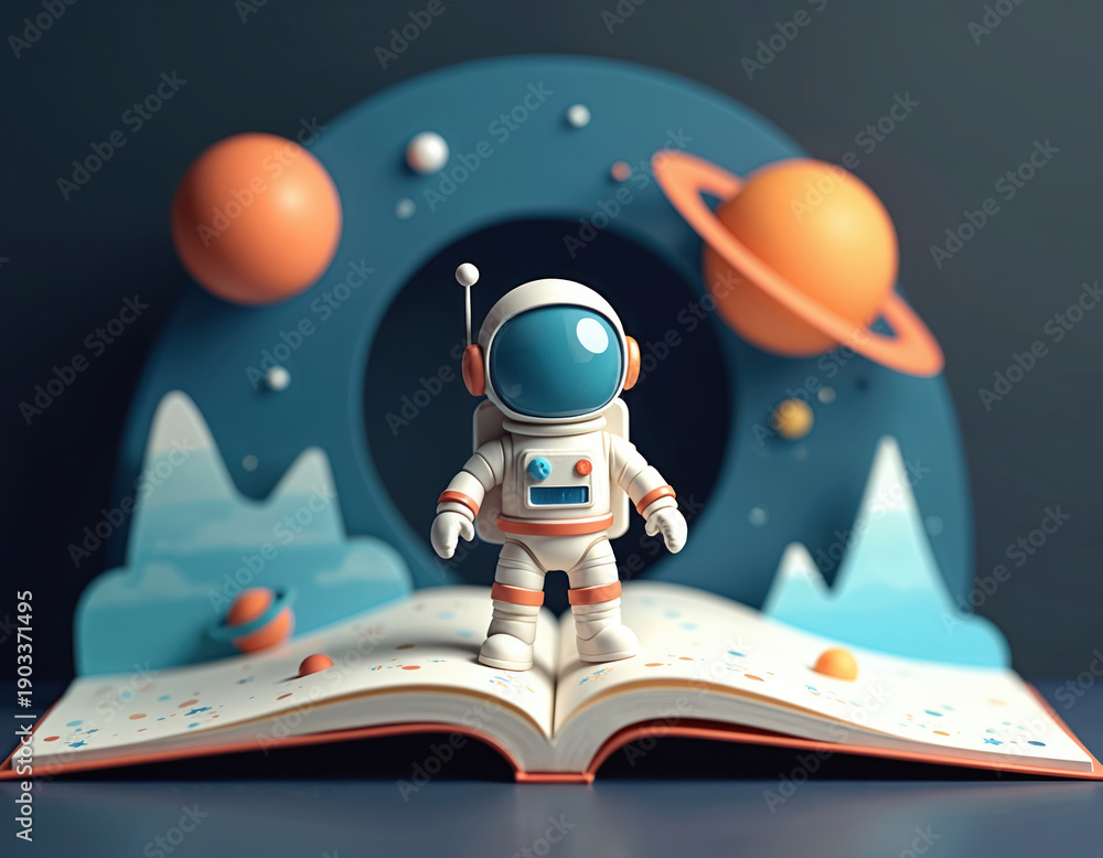 Fototapeta premium Open book with cute cartoon astronaut figure. Colorful space scenery background with planets moons. Childlike imagination exploration theme.