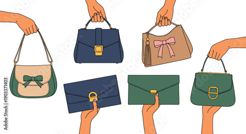 Women hands holding stylish handbags and purses illustration featuring modern fashion accessories in elegant flat vector style