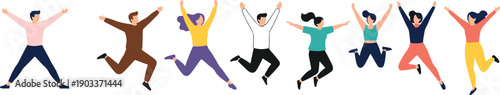 Group of happy people jumping together illustration expressing freedom, celebration, success, and joyful positive lifestyle in flat vector style