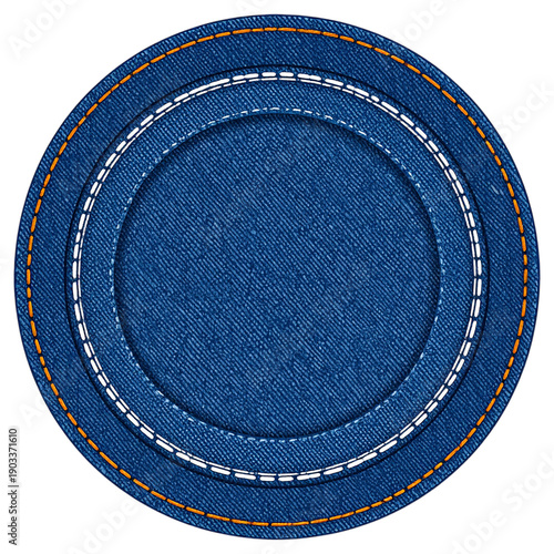 Round blue denim fabric patch with stitching for textile fashion branding and casual clothing label design elements