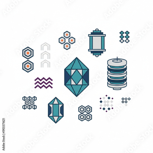 Modern Geometric Lantern Iconsheet Background with Abstract Patterns and Shapes in Teal and Grey