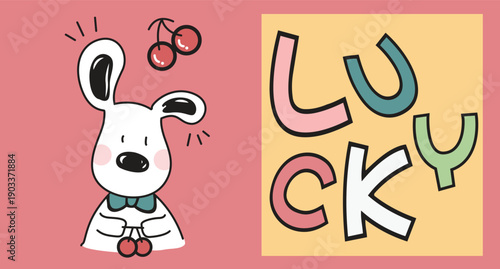 Cute puppy character with cherry and "LUCKY" typography vector illustration