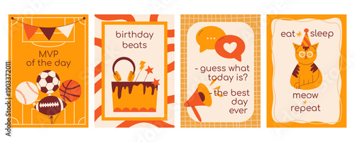 Birthday cards set for boys with sports balls balloons, cake with headphones, cool cat in glasses, megaphone. Modern retro flat vector minimalist illustration collection for teenage party, poster