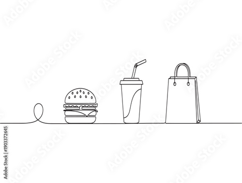 Fast food and drink items in a line
