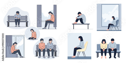 Flat vector illustration set of people experiencing sadness and loneliness. Minimalist modern style, characters sitting alone or together with somber expressions.