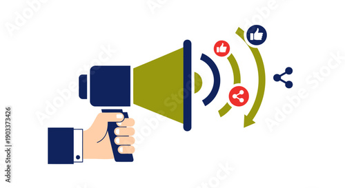 Megaphone Marketing with Social Media Icons — Minimal Flat Vector Illustration