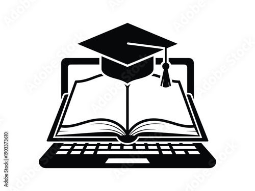 Black icon symbolizing online education: laptop, open book, and graduation cap.