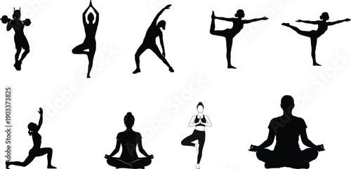 Yoga poses silhouettes for meditation and exercise