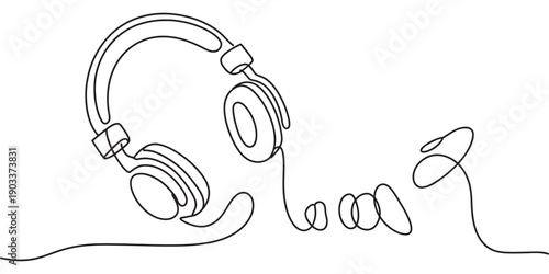 Minimalist continuous line art illustration of a pair of headphones and tangled wire Vector, illustration