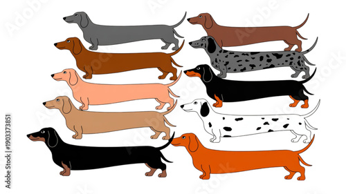 Colorful group of dachshund dogs isolated on transparent background.
