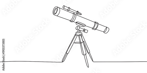 A continuous line drawing of a telescope mounted on a tripod for astronomical observation. Vector, illustration