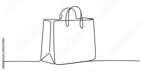 Continuous line drawing of a paper shopping bag with handles on a white background. Vector, illustration