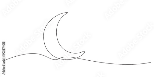 Minimalist continuous line drawing of a crescent moon rising over a gentle wave on white background Vector, illustration
