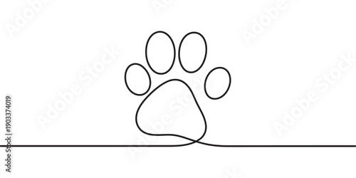 Single continuous line drawing of a pet animal paw print isolated on white background Vector, illustration