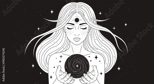 Mystical black and white illustration of a celestial woman with closed eyes holding a swirling galaxy orb against a starry background.