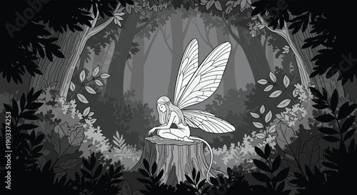 Black and white illustration of a pensive fairy with insect wings sitting on a tree stump in a dark, enchanted forest setting.