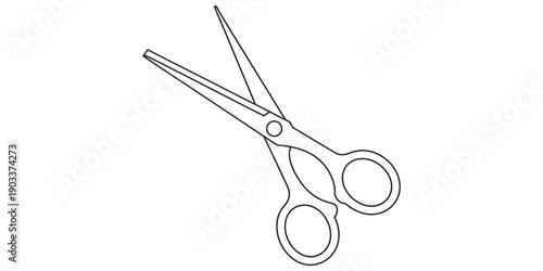 Simple black and white line drawing of a pair of open scissors on a plain background. Vector, illustration