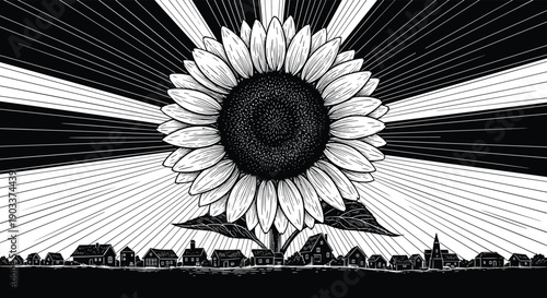 Striking black and white woodcut style illustration of a giant sunflower rising over a small town with radiating sunbeams in the sky.