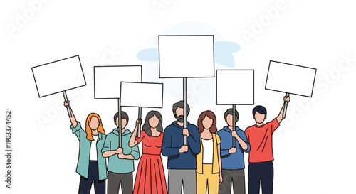 Group of diverse cartoon people protesting together, holding up blank white signs and placards for a social or political demonstration.