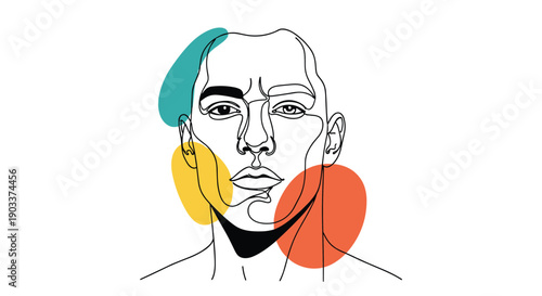 Abstract man's face drawn in a single continuous line, with colorful geometric shapes overlapping the portrait for a modern, artistic look.