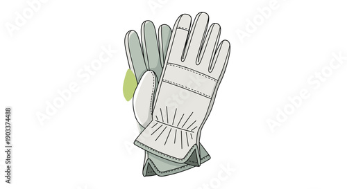 Illustration of a pair of gray and green leather gardening or work gloves, sketched in a simple, clean, hand-drawn style.