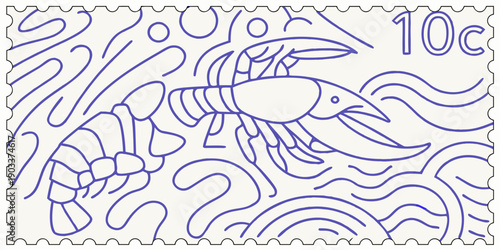 Vintage postage stamp featuring a detailed illustration of a shrimp