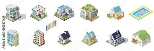 Isometric vector illustration set of diverse residential buildings. Features modern houses, apartments, and eco-homes with gardens, pools, and greenhouses. Clean geometric shapes, soft pastel palette