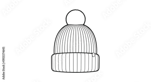 Simple black and white line art of a ribbed knit winter beanie hat with a folded cuff and a fluffy pom-pom on top.