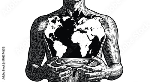Powerful conceptual woodcut illustration of a person's torso open to reveal the world map inside, with hands holding water below.