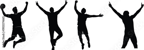 Four black silhouettes of men jumping and playing volleyball