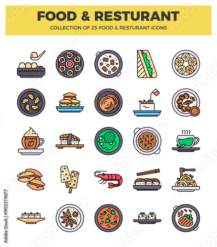 Food and Restaurant Icons Collection on White Background