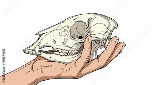 A human hand holds up an animal skull, possibly from a deer or similar mammal, in a detailed, colored line art illustration.