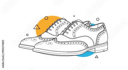 Stylish line art illustration of a pair of classic men's brogue dress shoes, decorated with abstract geometric shapes and bright colors.