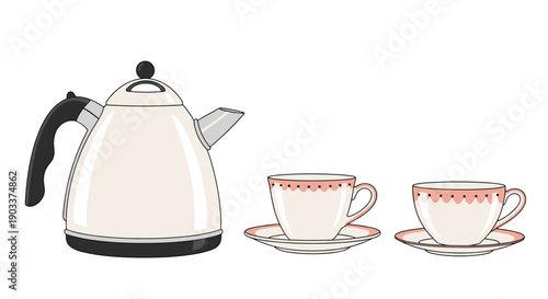 A charming tea set illustration with a white electric kettle and two matching teacups and saucers with a pink heart pattern.