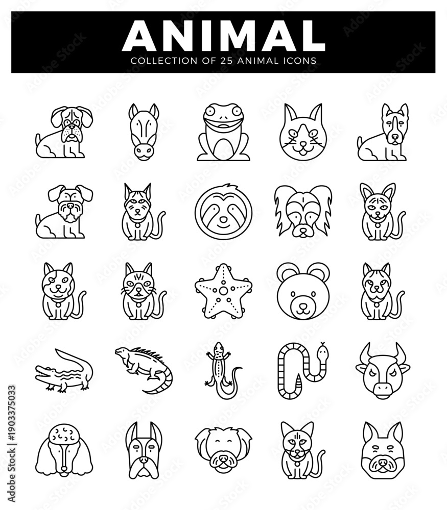 Fototapeta premium Outline icons of 25 animals on white background