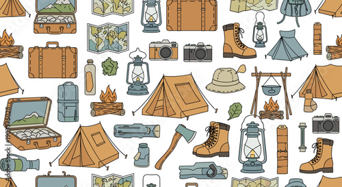 Seamless pattern of vintage camping and hiking equipment including tents, boots, lanterns, maps, and campfires on a white background.