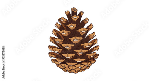 Hand-drawn botanical illustration of a single brown pine cone with intricate details on its scales, isolated on a white background.