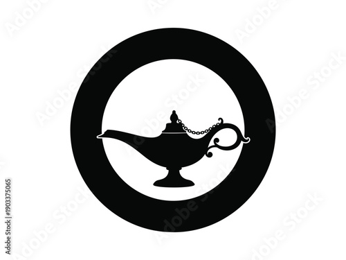 Enchanting black silhouette of a magic genie lamp within a circle, evoking fantasy.