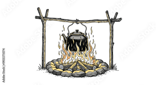 Vintage woodcut style illustration of a black camping kettle hanging over a crackling campfire enclosed by stones on a white background.