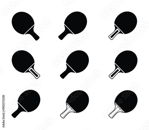 Grid of black vector table tennis paddles arranged neatly against a white background